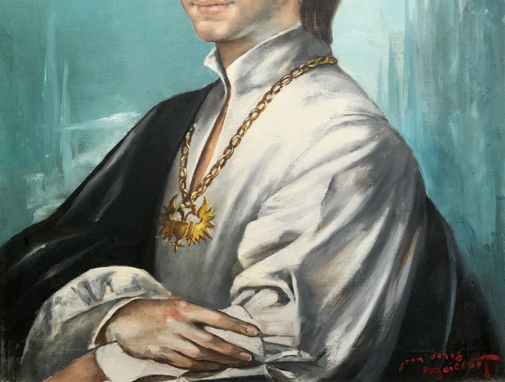 A mid-century framed oil portrait of a young man wearing a white garment and gold chain against a teal background. View VII