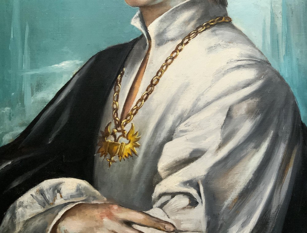 A mid-century framed oil portrait of a young man wearing a white garment and gold chain against a teal background. View VIII