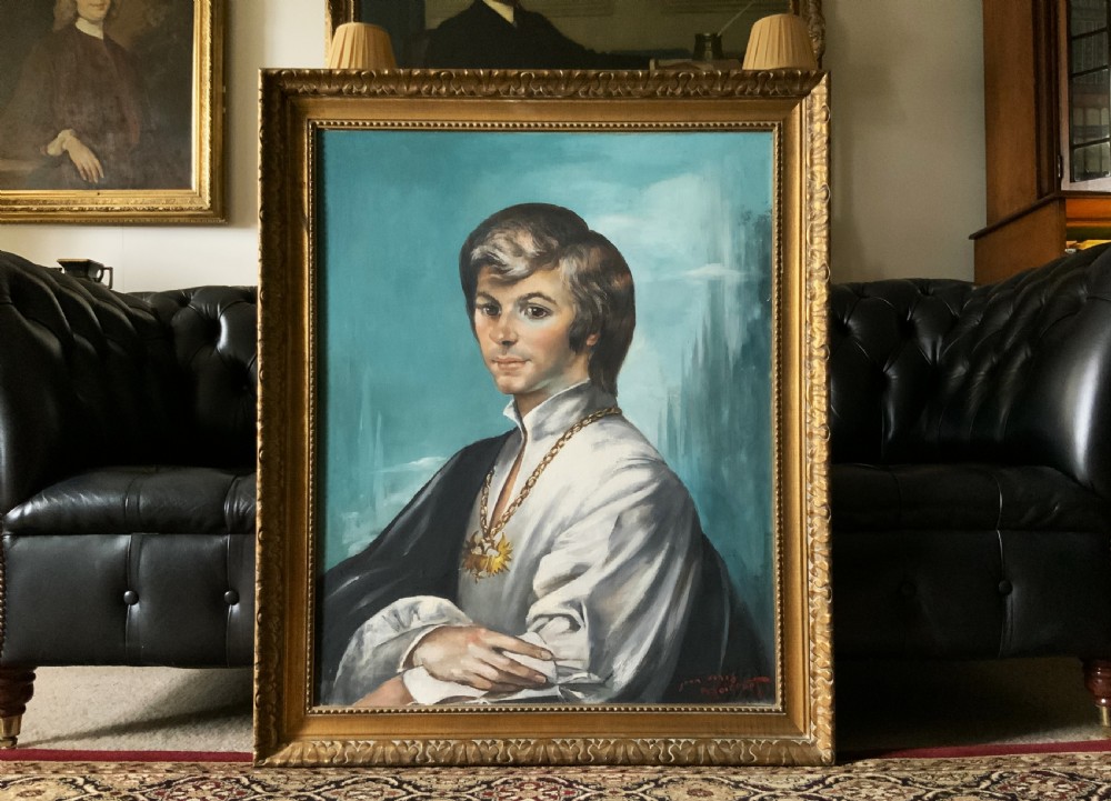 A mid-century framed oil portrait of a young man wearing a white garment and gold chain against a teal background. View XI