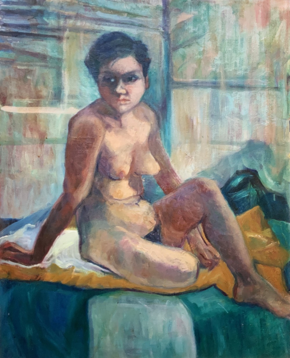 A mid-century oil painting depicting a seated female nude figure against a background of teal and blue hues within a wooden frame. View II