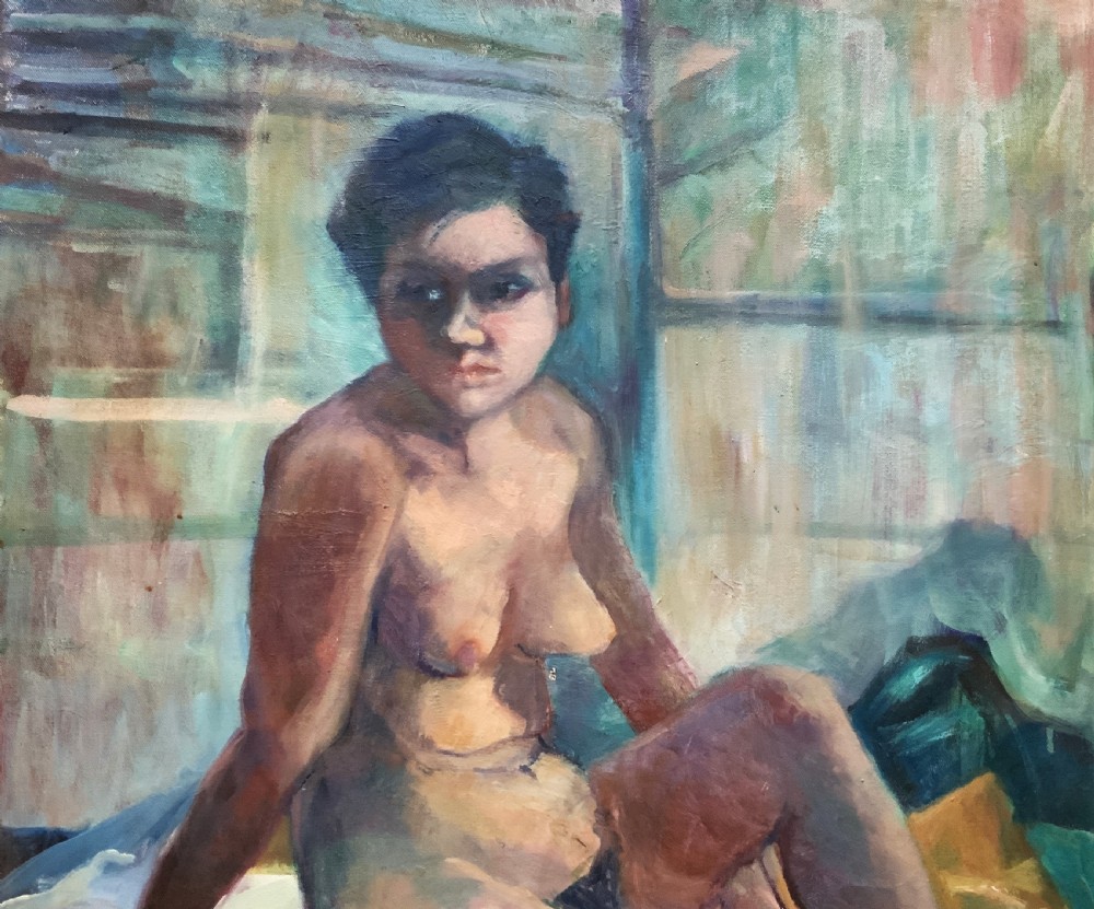 A mid-century oil painting depicting a seated female nude figure against a background of teal and blue hues within a wooden frame. View III