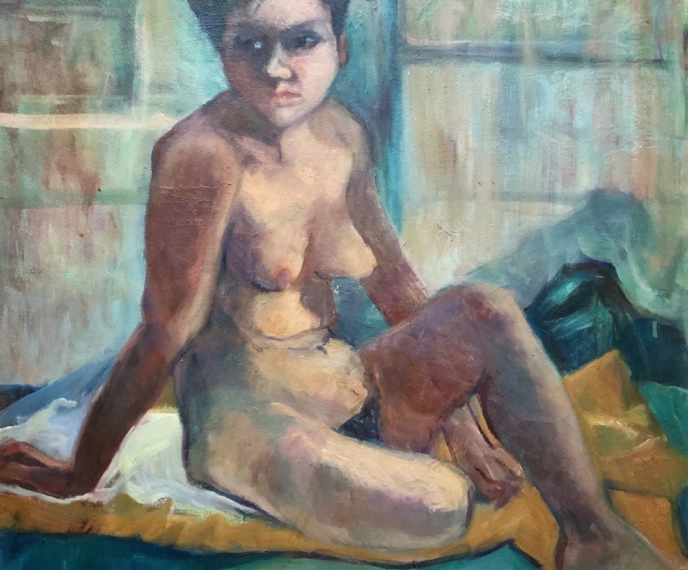 A mid-century oil painting depicting a seated female nude figure against a background of teal and blue hues within a wooden frame. View V