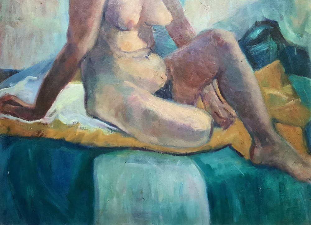 A mid-century oil painting depicting a seated female nude figure against a background of teal and blue hues within a wooden frame. View VI