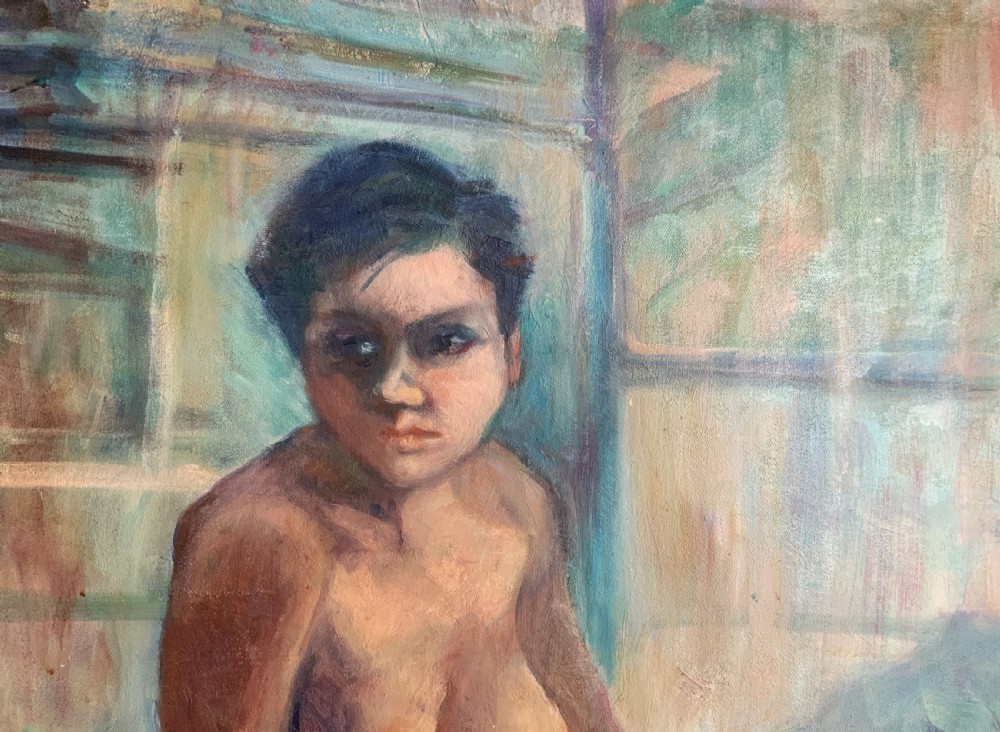 A mid-century oil painting depicting a seated female nude figure against a background of teal and blue hues within a wooden frame. View VII