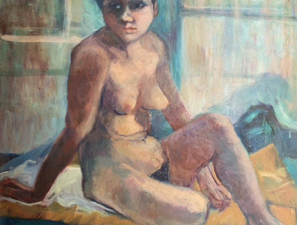 A mid-century oil painting depicting a seated female nude figure against a background of teal and blue hues within a wooden frame. View VIII