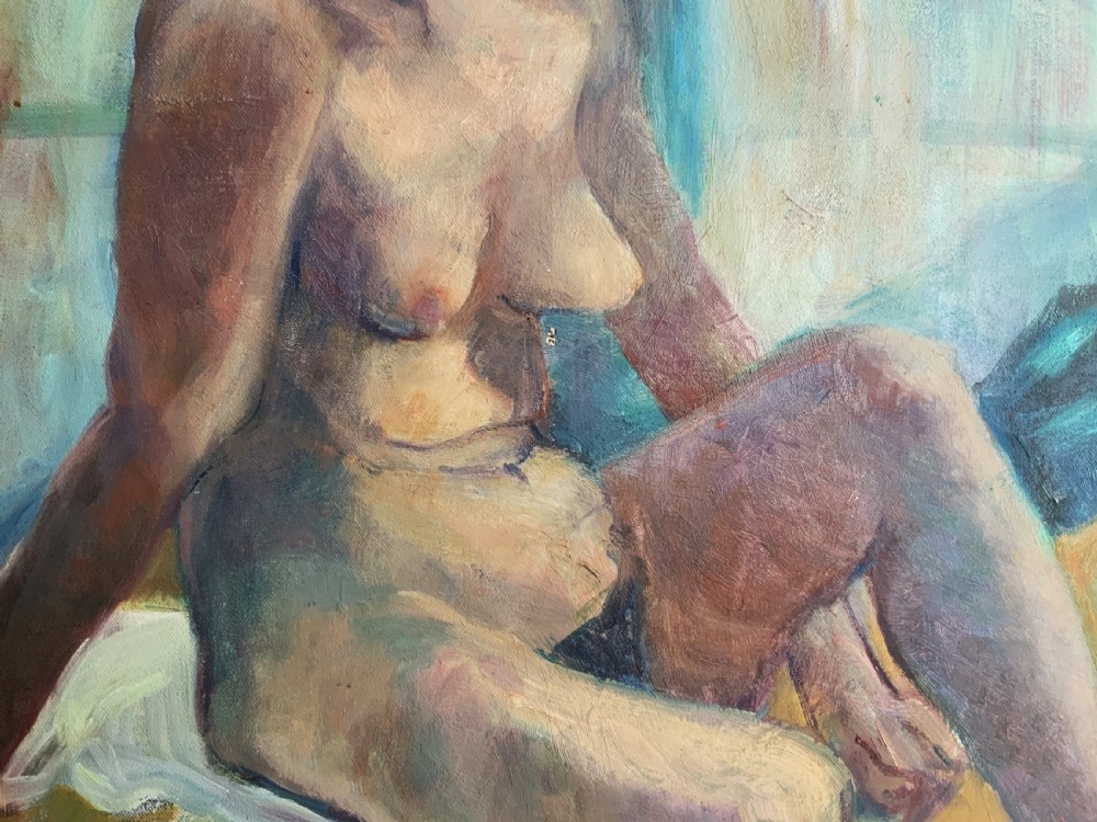 A mid-century oil painting depicting a seated female nude figure against a background of teal and blue hues within a wooden frame. View IX