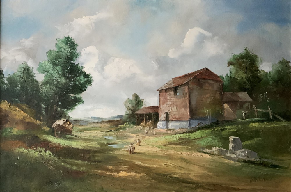 A framed horizontal oil painting depicting a rustic farm building, horse-drawn cart, and trees under a cloudy sky. View II