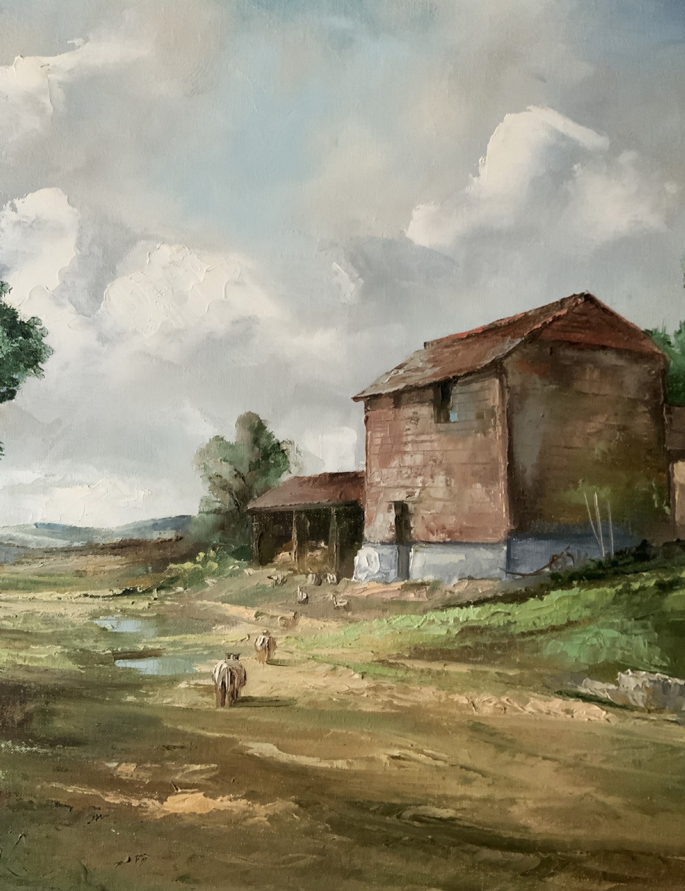 A framed horizontal oil painting depicting a rustic farm building, horse-drawn cart, and trees under a cloudy sky. View IV