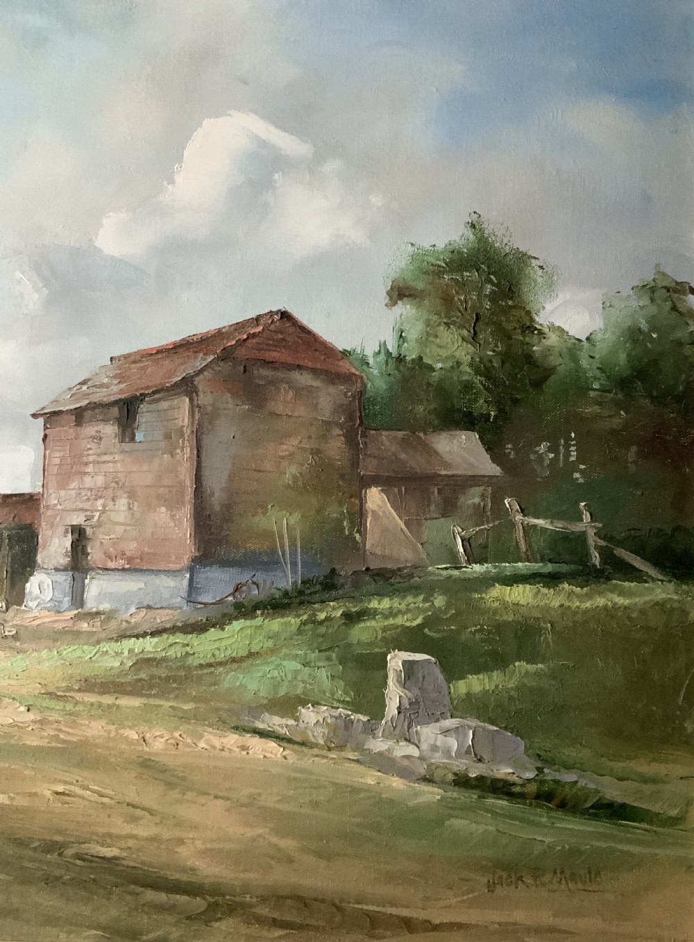 A framed horizontal oil painting depicting a rustic farm building, horse-drawn cart, and trees under a cloudy sky. View V