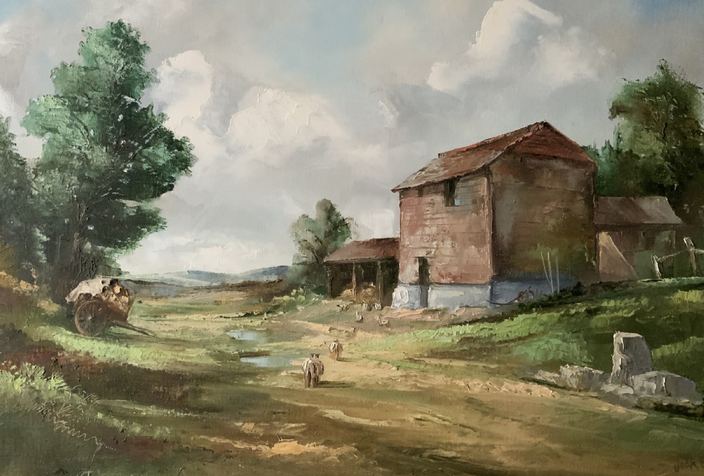 A framed horizontal oil painting depicting a rustic farm building, horse-drawn cart, and trees under a cloudy sky. View VI