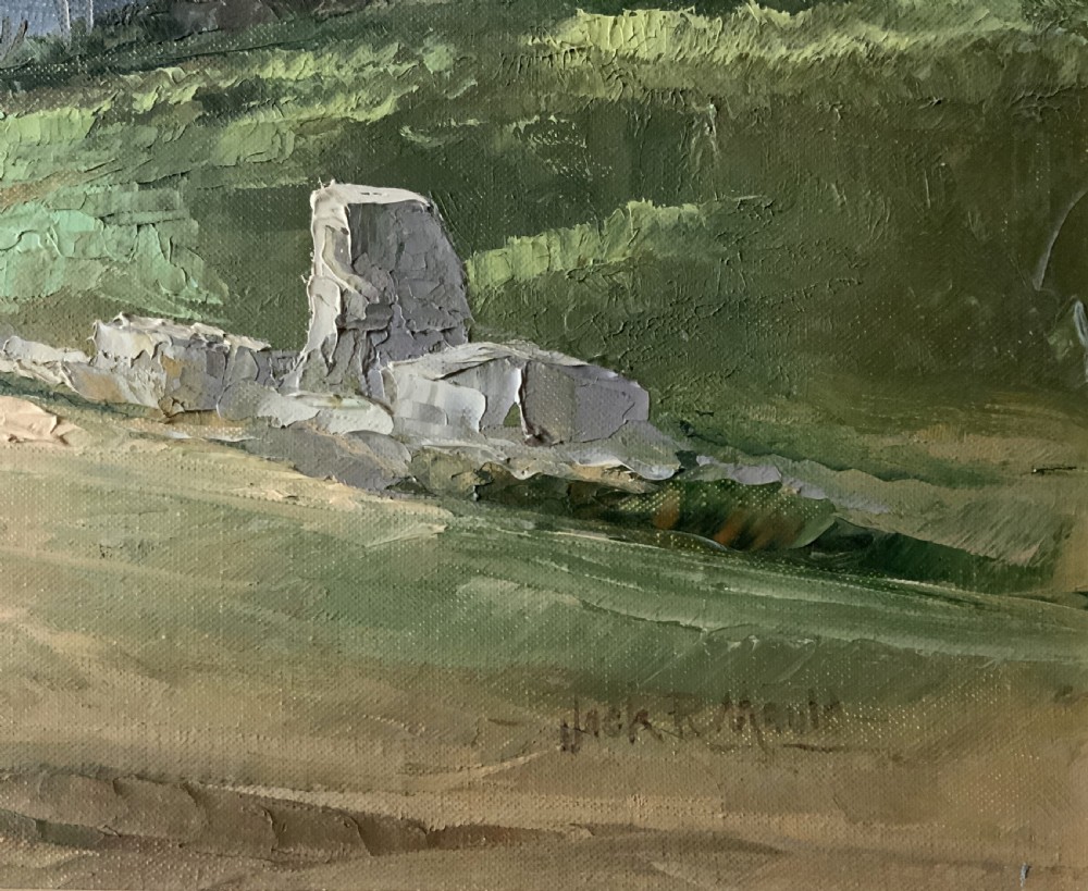 A framed horizontal oil painting depicting a rustic farm building, horse-drawn cart, and trees under a cloudy sky. View VII