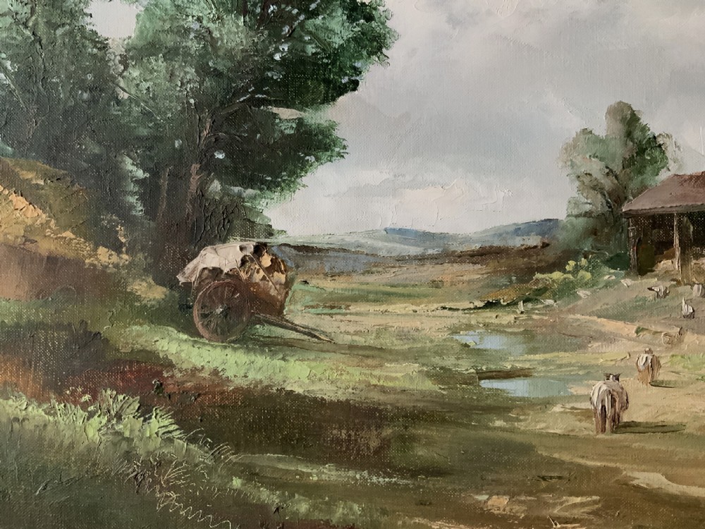 A framed horizontal oil painting depicting a rustic farm building, horse-drawn cart, and trees under a cloudy sky. View VIII