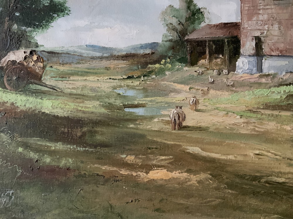 A framed horizontal oil painting depicting a rustic farm building, horse-drawn cart, and trees under a cloudy sky. View IX
