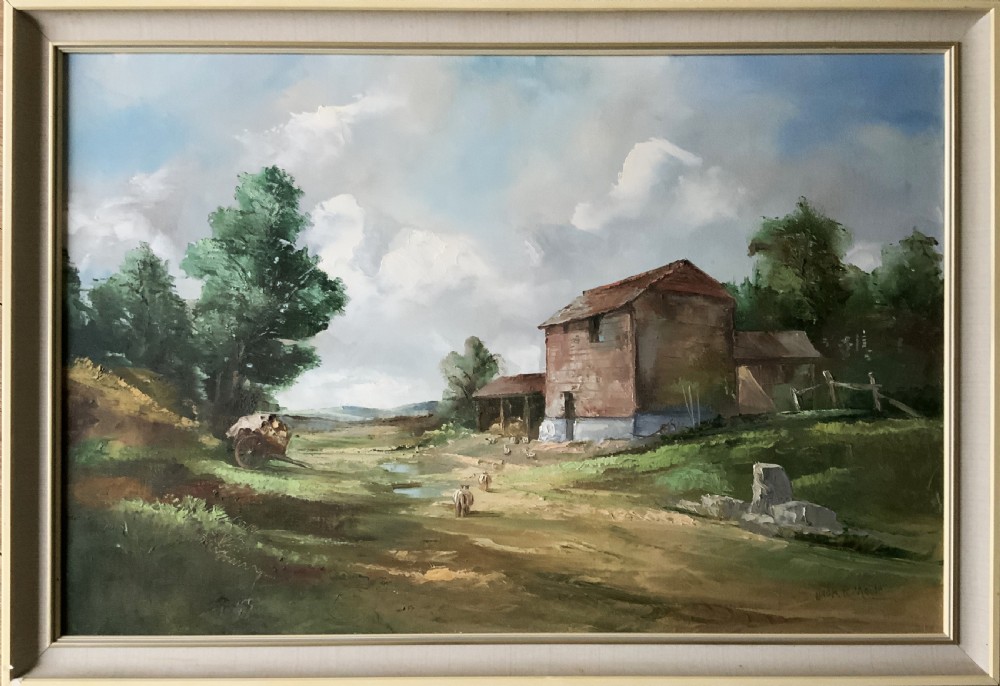A framed horizontal oil painting depicting a rustic farm building, horse-drawn cart, and trees under a cloudy sky. View XI