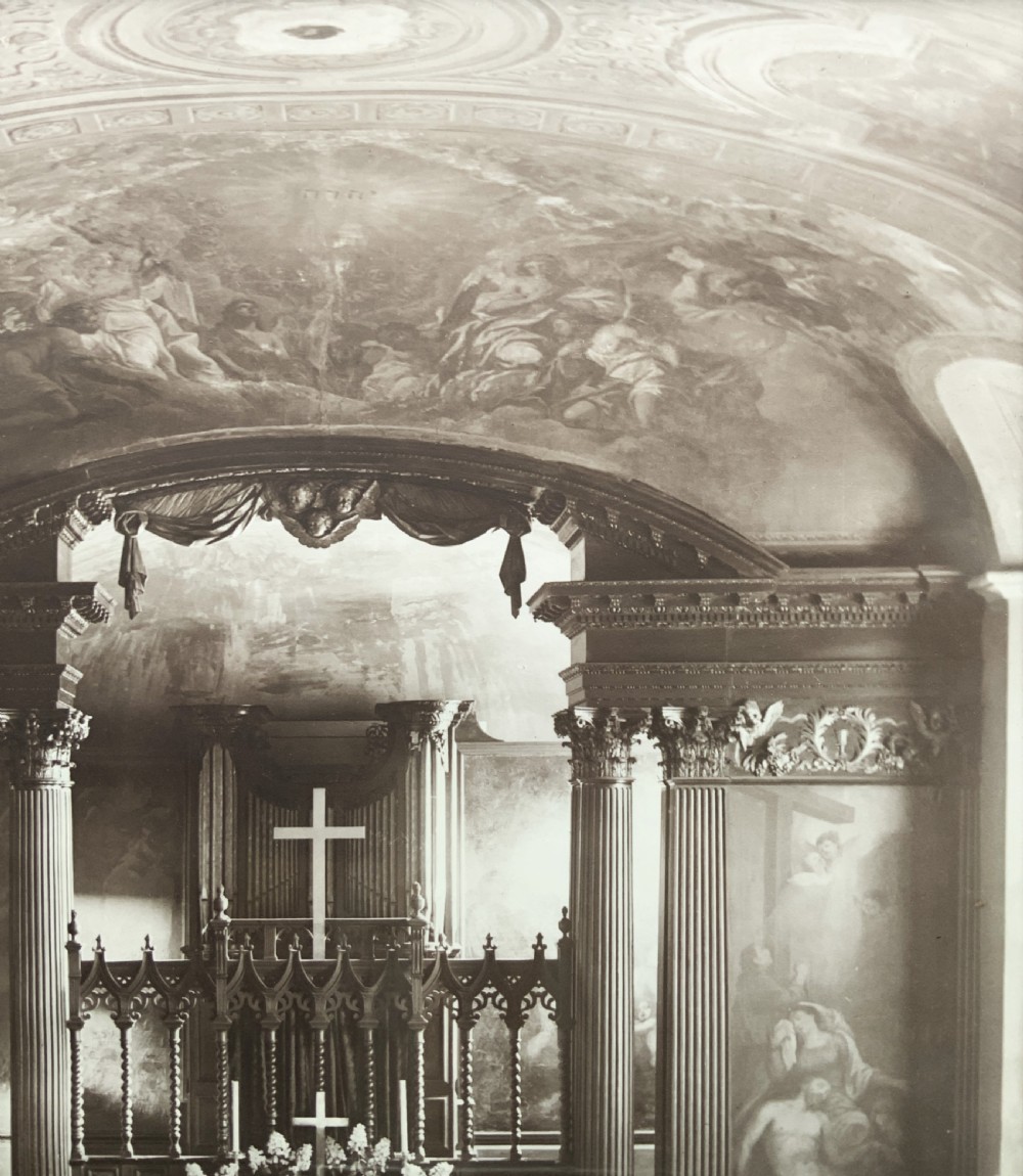 A 1921 sepia photograph depicting a church altar and choir, mounted in a moulded dark oak frame with an engraved metal presentation plaque along the bottom edge. View V