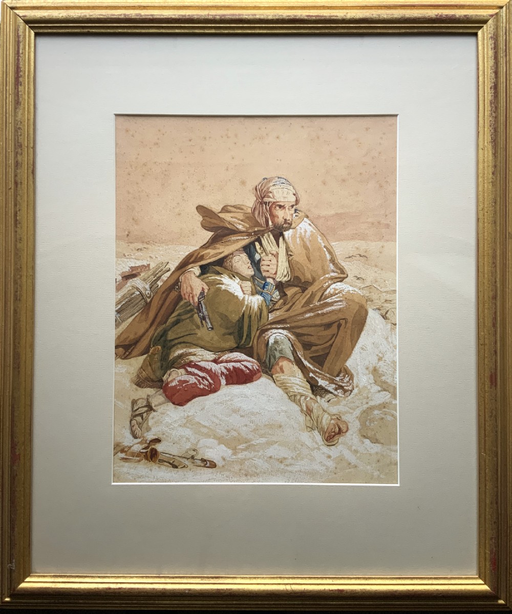 Framed 19th-century watercolour depicting two soldiers seeking shelter in the snow, set in a cream mount and a gilded wooden frame.