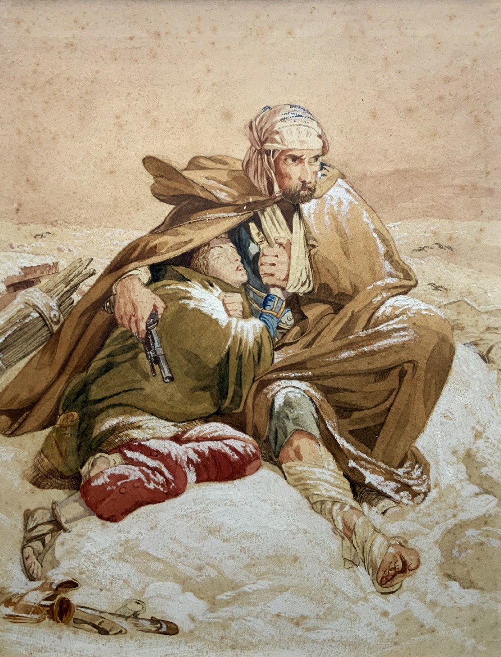 Framed 19th-century watercolour depicting two soldiers seeking shelter in the snow, set in a cream mount and a gilded wooden frame. View II