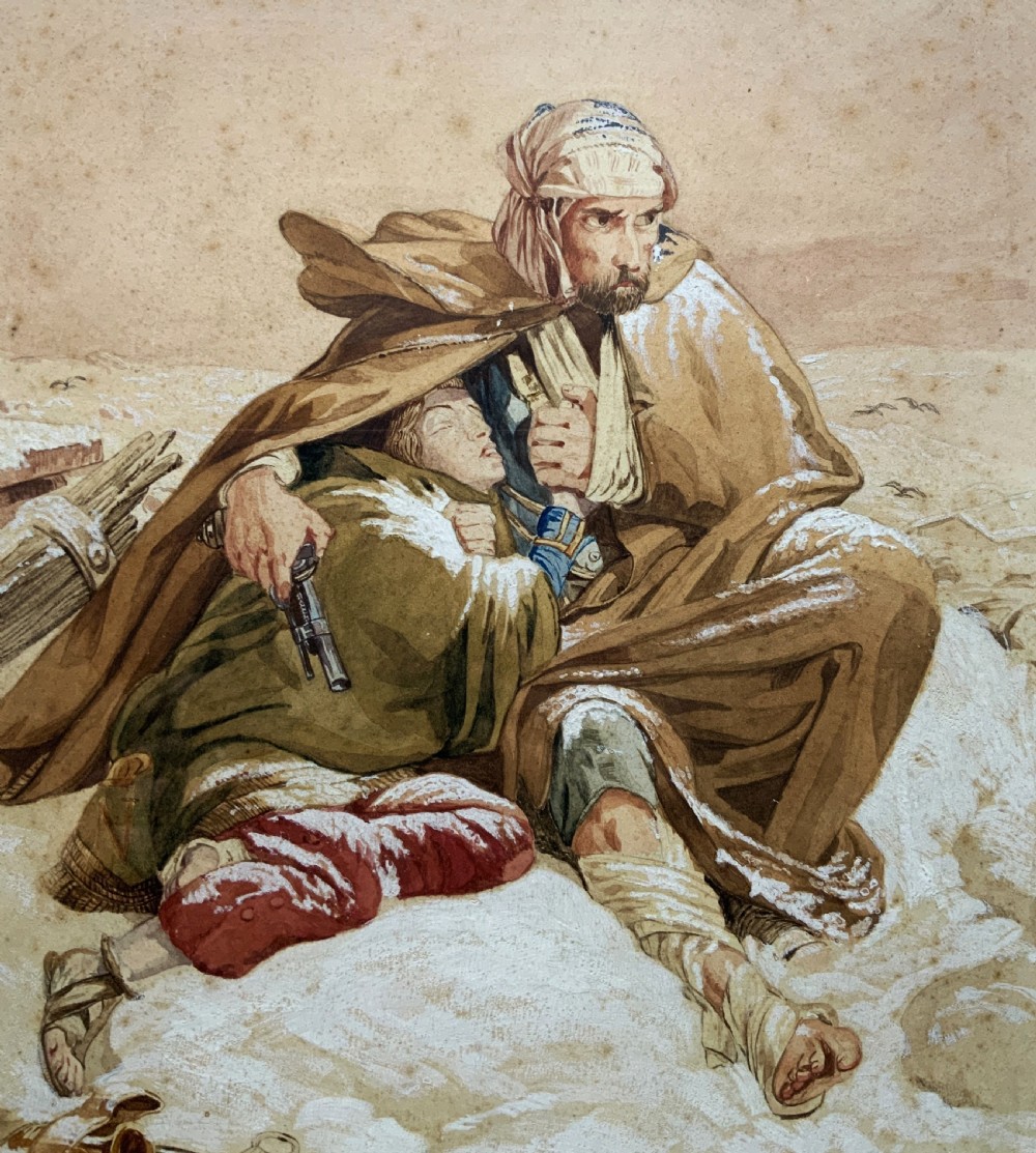 Framed 19th-century watercolour depicting two soldiers seeking shelter in the snow, set in a cream mount and a gilded wooden frame. View III
