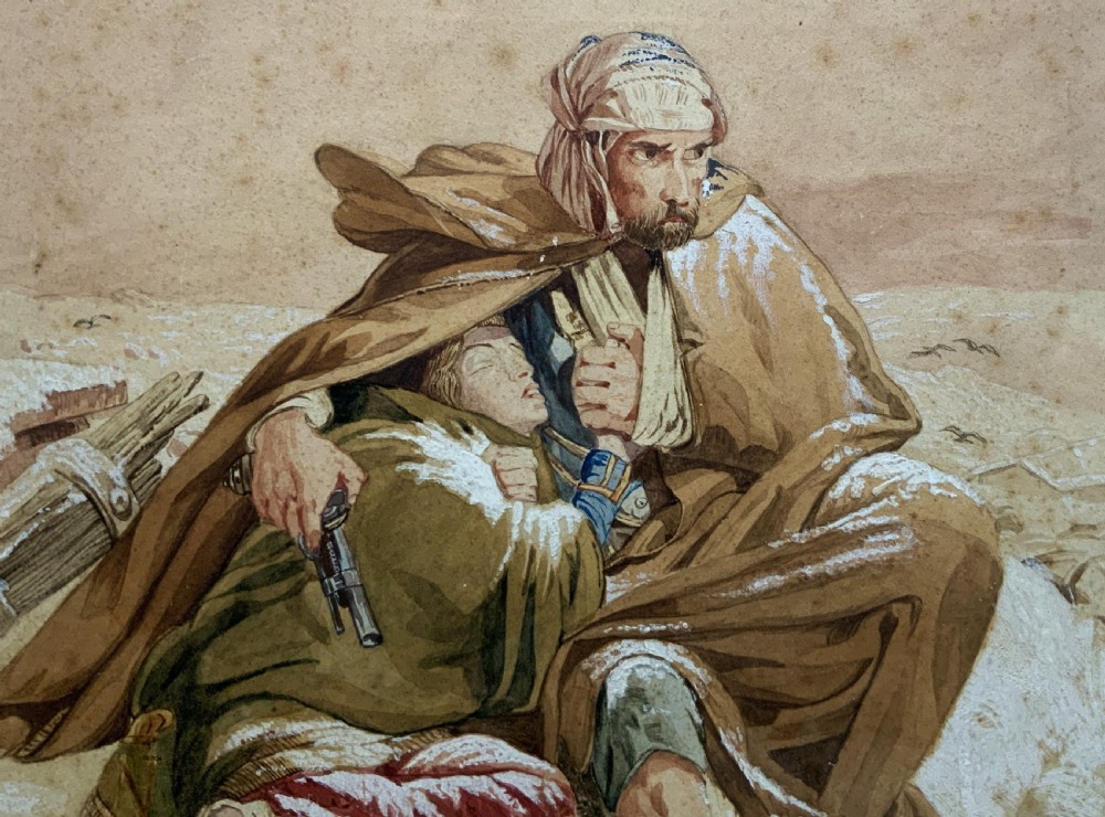 Framed 19th-century watercolour depicting two soldiers seeking shelter in the snow, set in a cream mount and a gilded wooden frame. View IV