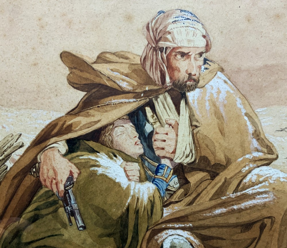 Framed 19th-century watercolour depicting two soldiers seeking shelter in the snow, set in a cream mount and a gilded wooden frame. View V