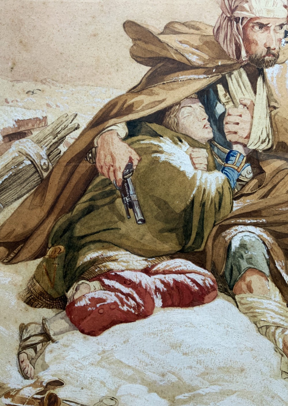 Framed 19th-century watercolour depicting two soldiers seeking shelter in the snow, set in a cream mount and a gilded wooden frame. View VI