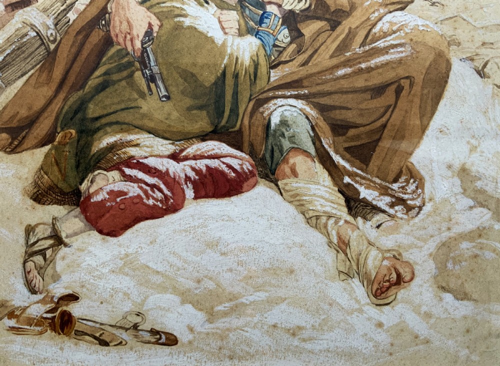 Framed 19th-century watercolour depicting two soldiers seeking shelter in the snow, set in a cream mount and a gilded wooden frame. View VII