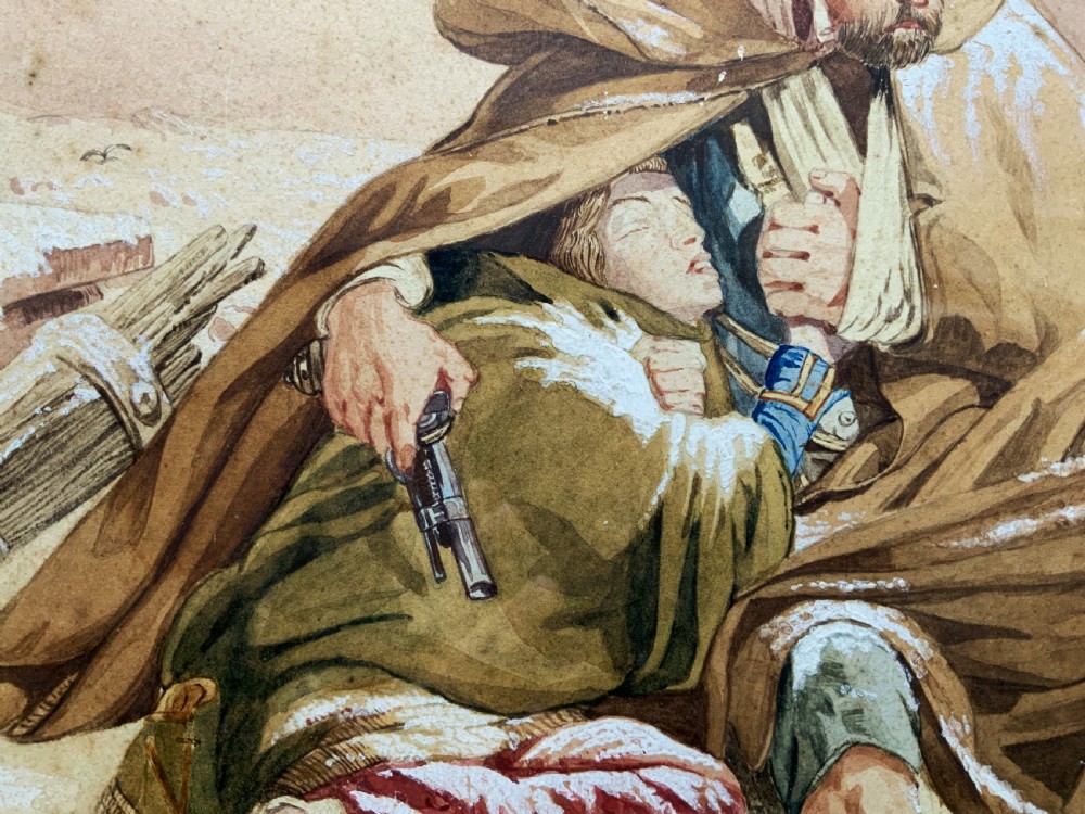 Framed 19th-century watercolour depicting two soldiers seeking shelter in the snow, set in a cream mount and a gilded wooden frame. View VIII