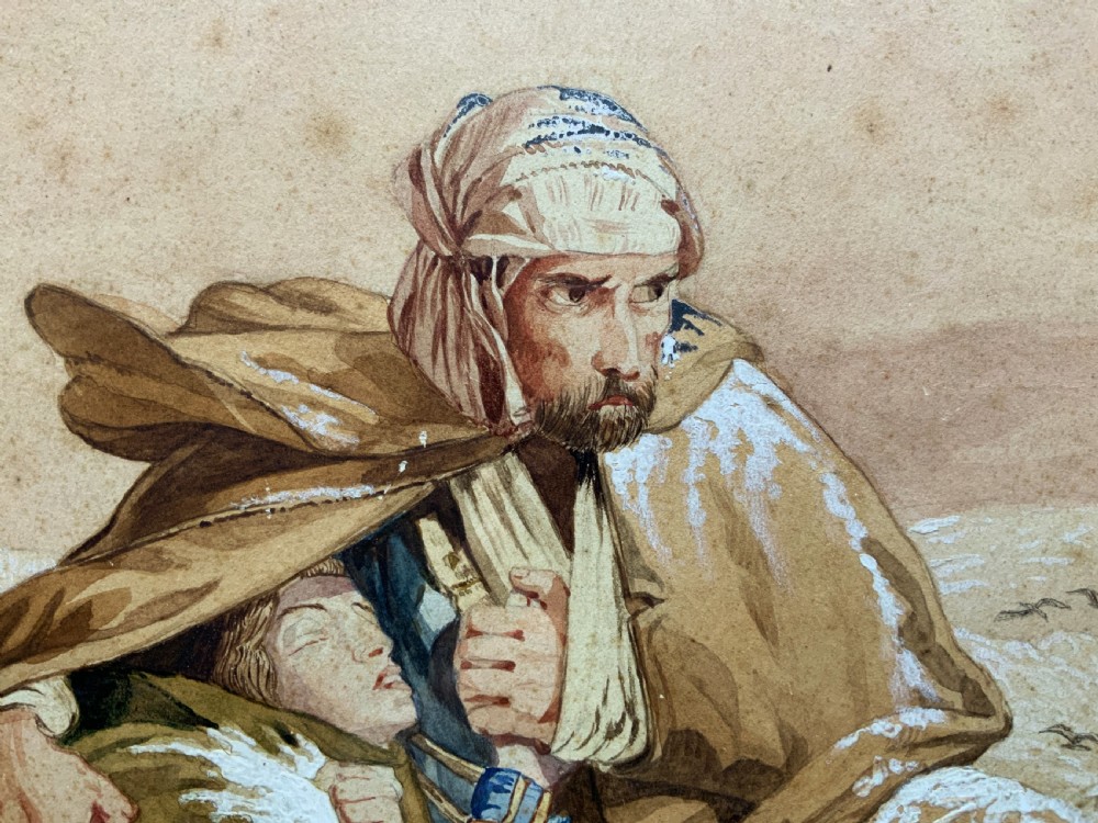 Framed 19th-century watercolour depicting two soldiers seeking shelter in the snow, set in a cream mount and a gilded wooden frame. View IX