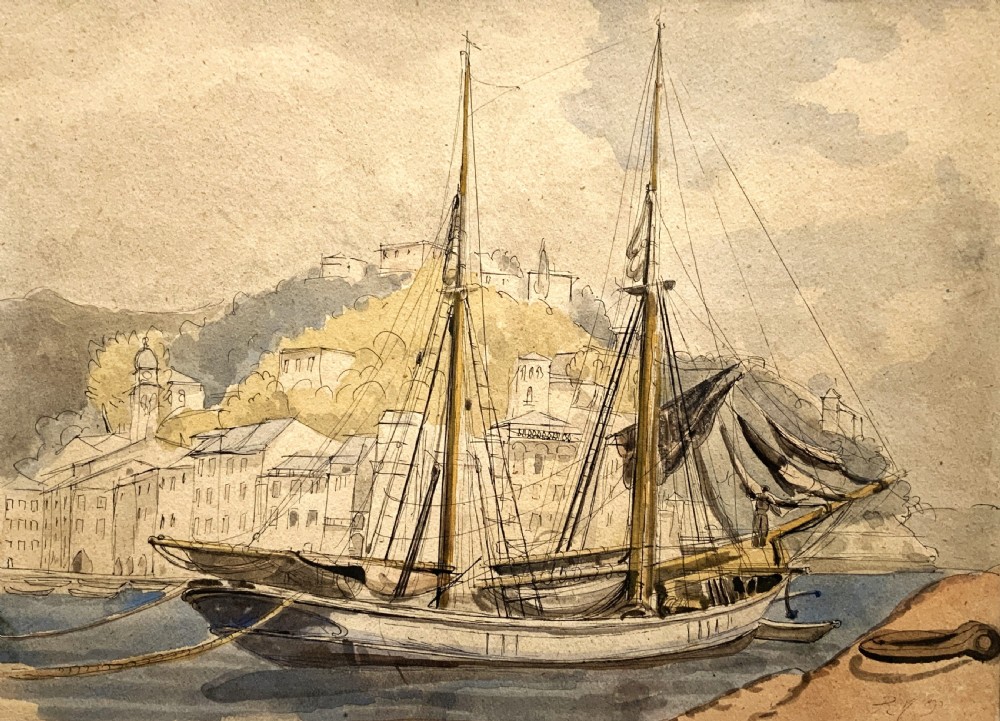 A framed 19th-century watercolour painting depicting a two-masted sailing yacht moored in a coastal harbour in front of a hillside town. View II