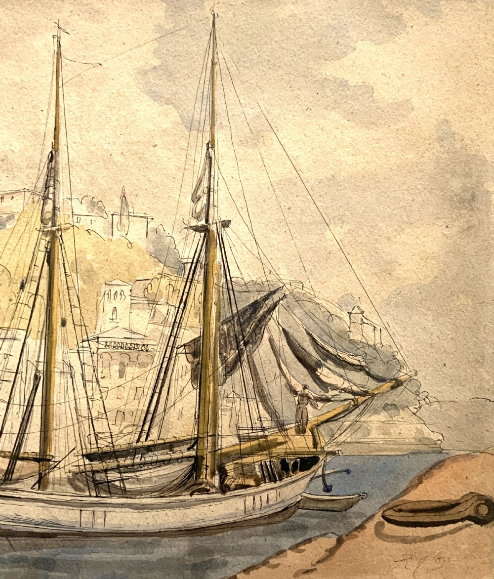 A framed 19th-century watercolour painting depicting a two-masted sailing yacht moored in a coastal harbour in front of a hillside town. View III