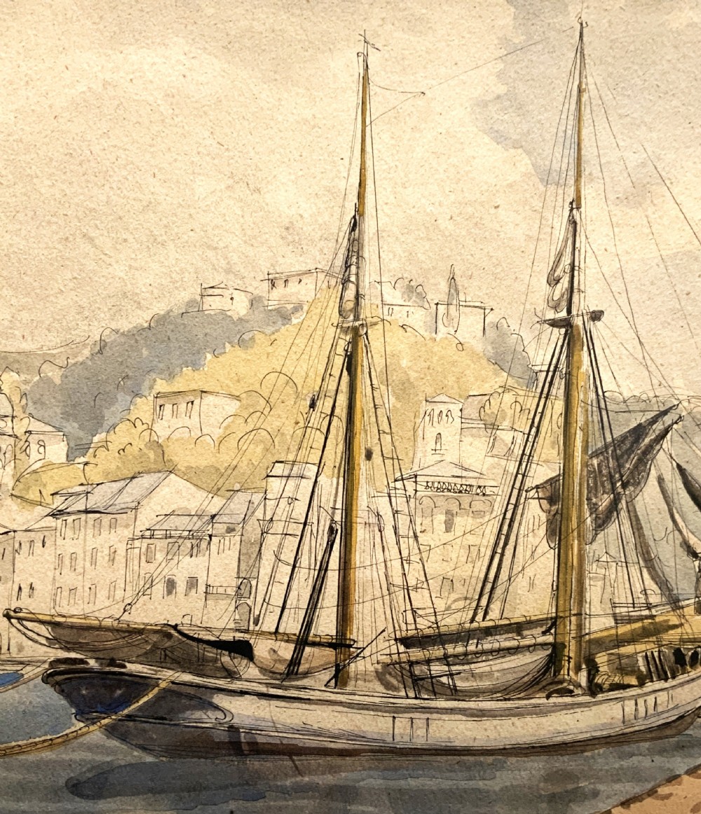 A framed 19th-century watercolour painting depicting a two-masted sailing yacht moored in a coastal harbour in front of a hillside town. View IV