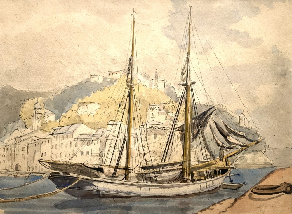 A framed 19th-century watercolour painting depicting a two-masted sailing yacht moored in a coastal harbour in front of a hillside town. View VI