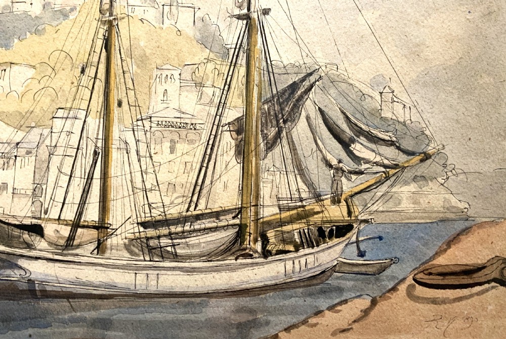 A framed 19th-century watercolour painting depicting a two-masted sailing yacht moored in a coastal harbour in front of a hillside town. View VII