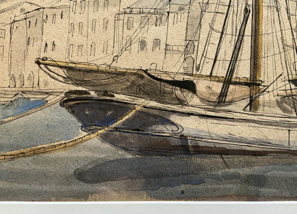 A framed 19th-century watercolour painting depicting a two-masted sailing yacht moored in a coastal harbour in front of a hillside town. View IX