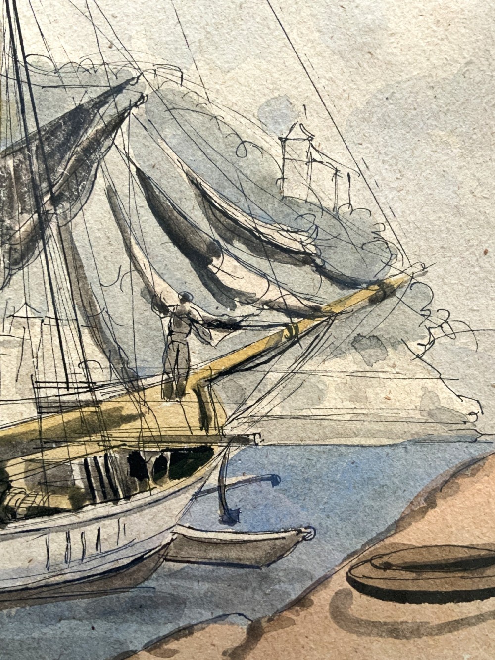 A framed 19th-century watercolour painting depicting a two-masted sailing yacht moored in a coastal harbour in front of a hillside town. View XI