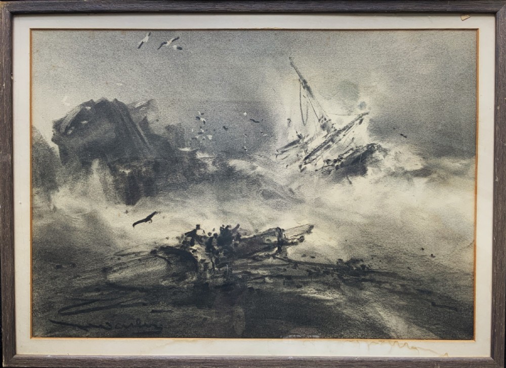 A framed 19th-century monochrome charcoal drawing depicting a sinking ship in a stormy sea with crashing waves and seabirds.