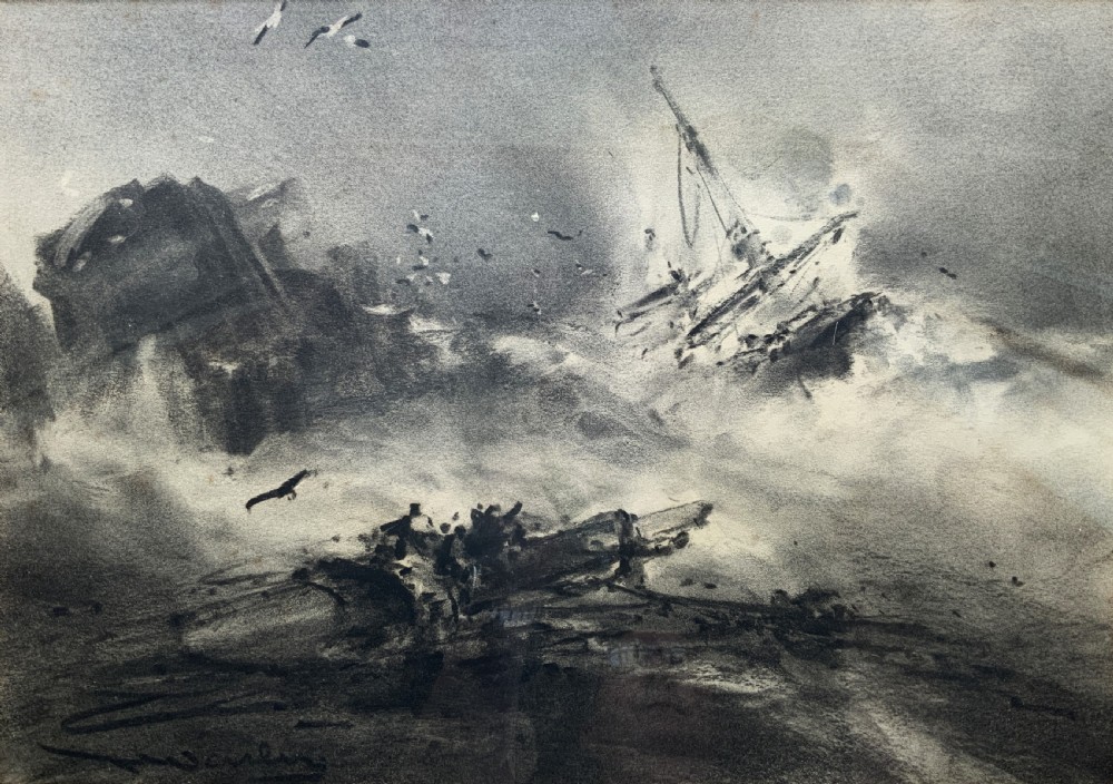 A framed 19th-century monochrome charcoal drawing depicting a sinking ship in a stormy sea with crashing waves and seabirds. View II