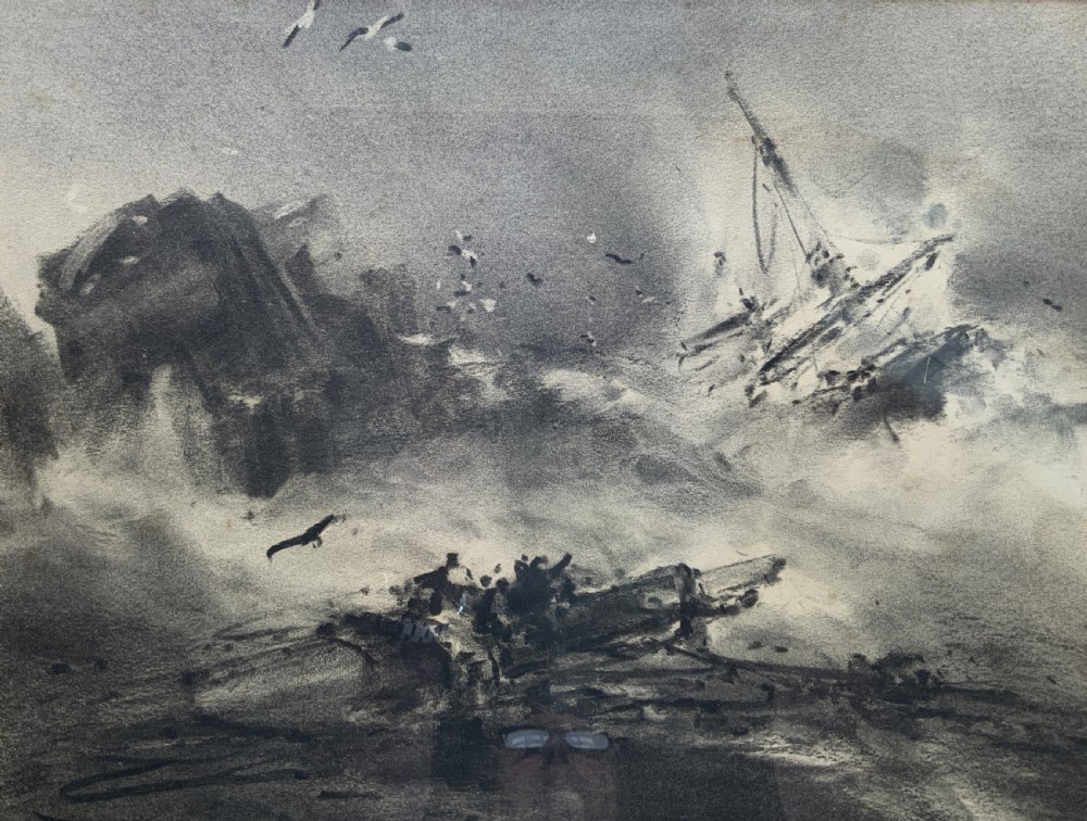 A framed 19th-century monochrome charcoal drawing depicting a sinking ship in a stormy sea with crashing waves and seabirds. View III