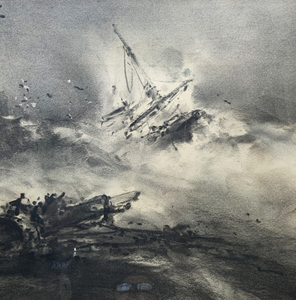 A framed 19th-century monochrome charcoal drawing depicting a sinking ship in a stormy sea with crashing waves and seabirds. View IV