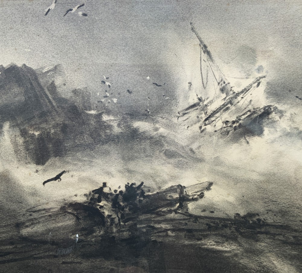 A framed 19th-century monochrome charcoal drawing depicting a sinking ship in a stormy sea with crashing waves and seabirds. View V