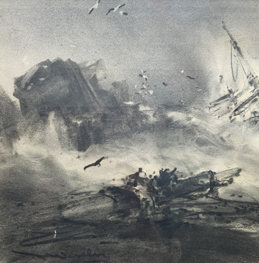 A framed 19th-century monochrome charcoal drawing depicting a sinking ship in a stormy sea with crashing waves and seabirds. View VI