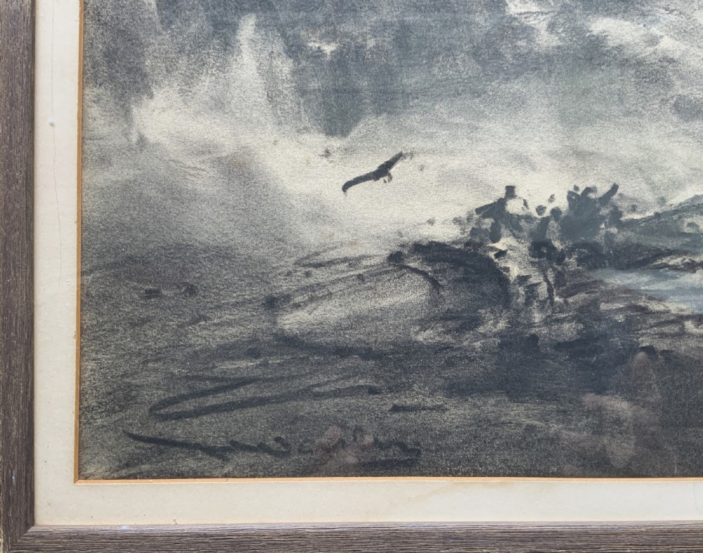 A framed 19th-century monochrome charcoal drawing depicting a sinking ship in a stormy sea with crashing waves and seabirds. View VII