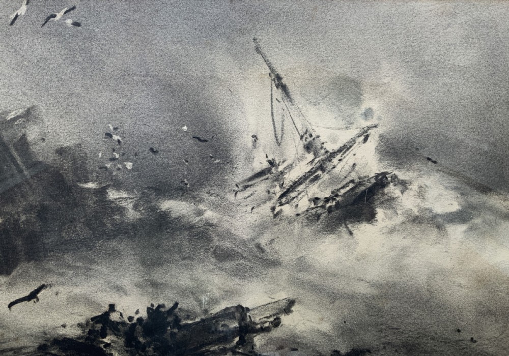 A framed 19th-century monochrome charcoal drawing depicting a sinking ship in a stormy sea with crashing waves and seabirds. View VIII
