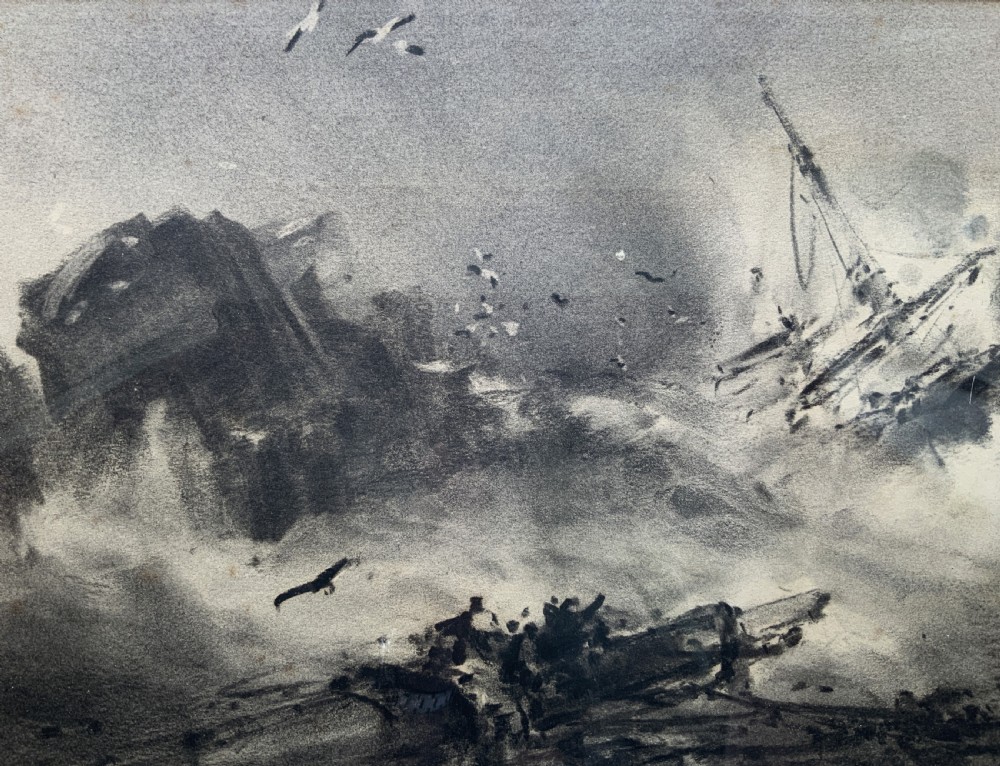 A framed 19th-century monochrome charcoal drawing depicting a sinking ship in a stormy sea with crashing waves and seabirds. View IX