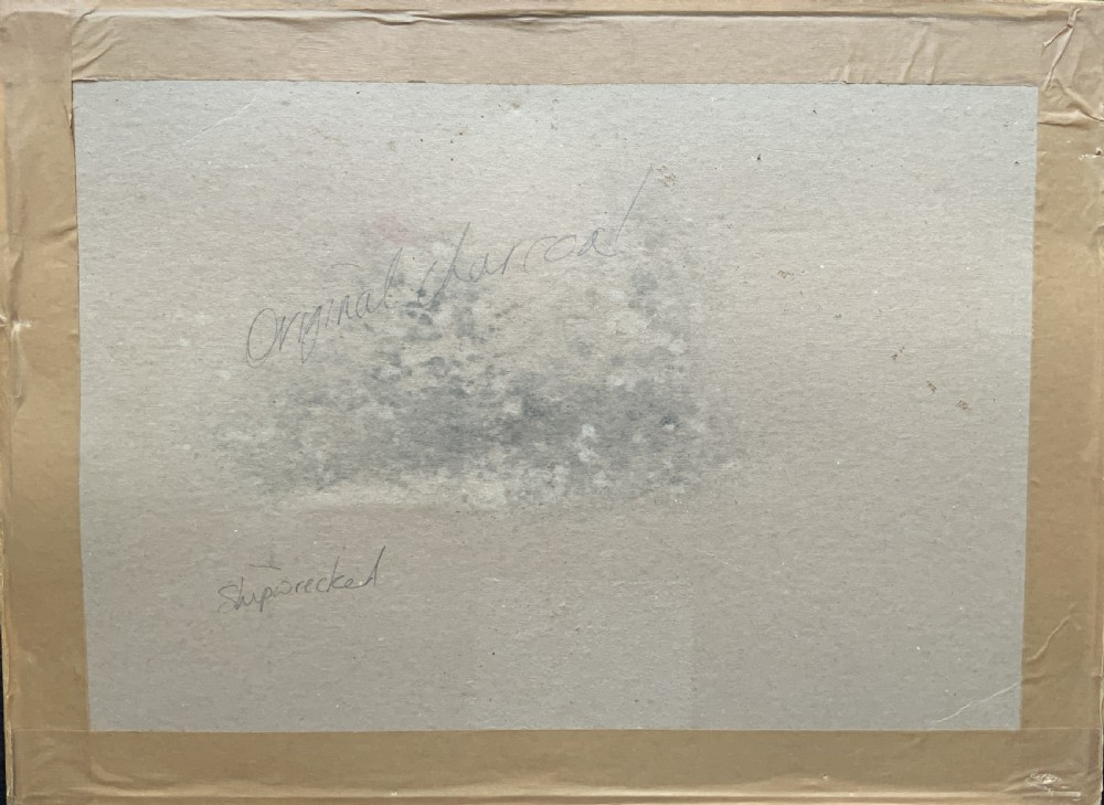 A framed 19th-century monochrome charcoal drawing depicting a sinking ship in a stormy sea with crashing waves and seabirds. View X