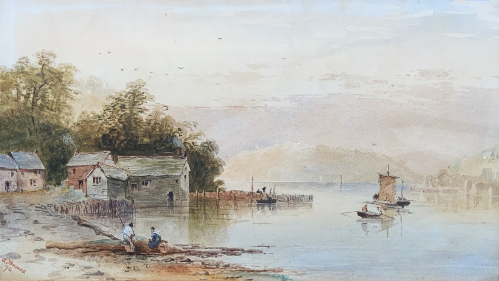 A 19th-century Victorian watercolour painting depicting a calm Welsh lake with figures and cottages, framed in an ornate carved giltwood frame. View II