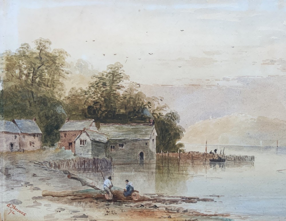 A 19th-century Victorian watercolour painting depicting a calm Welsh lake with figures and cottages, framed in an ornate carved giltwood frame. View III