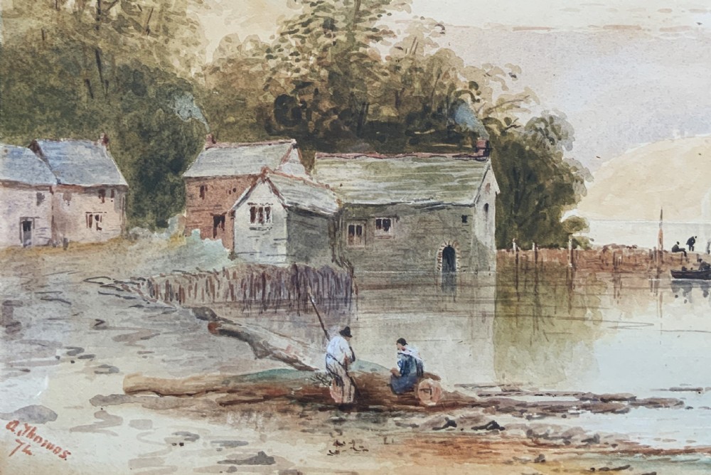 A 19th-century Victorian watercolour painting depicting a calm Welsh lake with figures and cottages, framed in an ornate carved giltwood frame. View IV