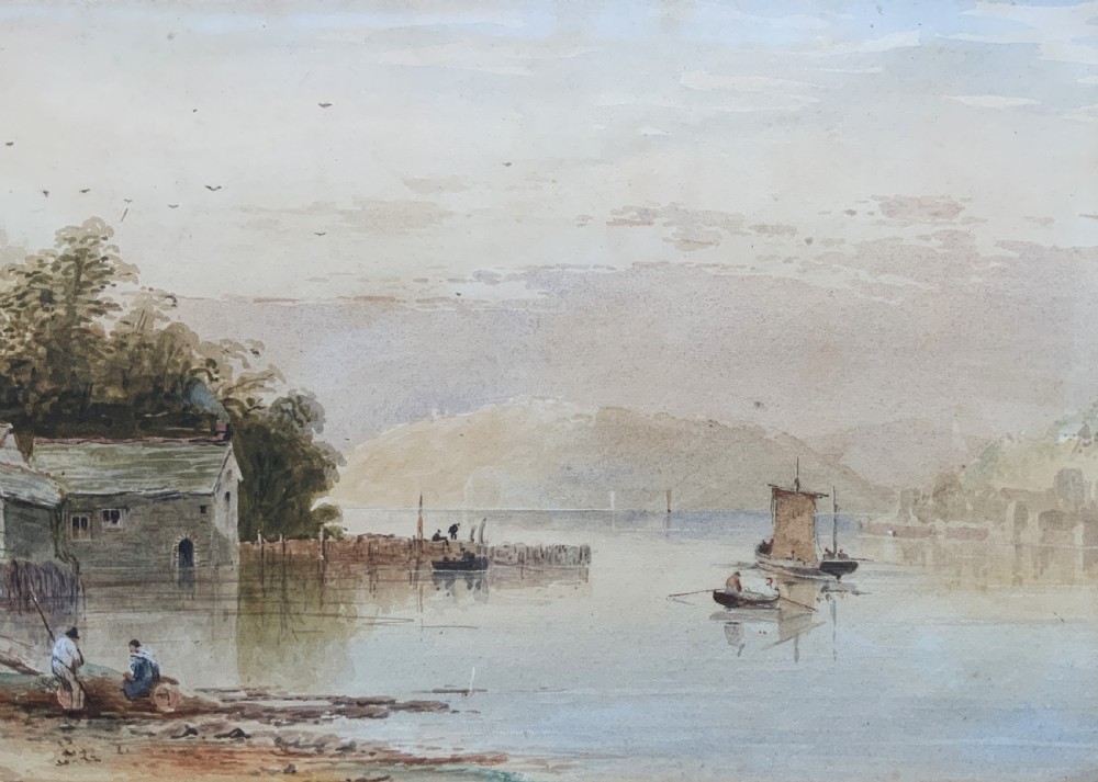 A 19th-century Victorian watercolour painting depicting a calm Welsh lake with figures and cottages, framed in an ornate carved giltwood frame. View V