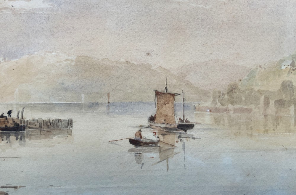 A 19th-century Victorian watercolour painting depicting a calm Welsh lake with figures and cottages, framed in an ornate carved giltwood frame. View VIII
